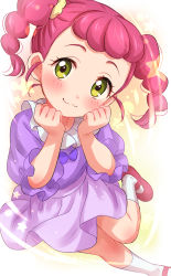 Rule 34 | 1girl, :3, absurdres, aikatsu!, aikatsu! (series), blush, bow, braid, character request, dot nose, dress, green eyes, hands up, head tilt, highres, looking at viewer, pink hair, puffy short sleeves, puffy sleeves, purple bow, purple dress, red footwear, sekina, shoes, short sleeves, smile, socks, solo, standing, standing on one leg, twin braids, white socks