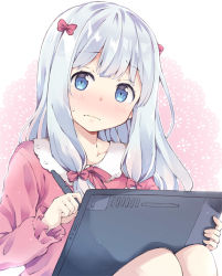 Rule 34 | 10s, 1girl, adrenaline!!!, blue eyes, blue hair, blush, bow, closed mouth, commentary request, drawing tablet, embarrassed, eromanga sensei, hair bow, izumi sagiri, long hair, looking at viewer, low-tied long hair, pajamas, pink bow, pink shorts, rioshi, shorts, silver hair, solo, stuffed animal, stuffed octopus, stuffed toy, stylus, sweat, sweatdrop, wavy mouth