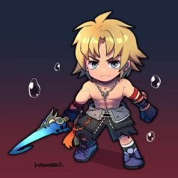 Rule 34 | 1boy, air bubble, black gloves, blonde hair, blue eyes, blue footwear, bubble, chain necklace, chibi, earrings, final fantasy, final fantasy x, gloves, gradient background, holding, holding sword, holding weapon, jewelry, kotorai, male focus, navel, necklace, no nose, pectorals, short hair, signature, smile, solo, sword, tidus, topless male, weapon