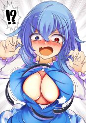 Rule 34 | !?, blue eyes, blue vest, blush, breasts, breasts out, bursting breasts, button gap, full-face blush, heterochromia, highres, kana (user rkuc4823), large breasts, long sleeves, medium hair, mismatched pupils, open mouth, red eyes, shirt, surprised, tatara kogasa, touhou, vest, white background, white shirt