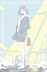 Rule 34 | 1girl, bag, barefoot, blue background, blue eyes, blue hair, blue jacket, blue skirt, border, brown footwear, closed mouth, colored skin, crying, crying with eyes open, fish, full body, hand in pocket, highres, holding, holding shoes, hood, hood down, hoodie, jacket, loafers, long sleeves, medium hair, nagata (hino daibutsu), original, pleated skirt, pointy nose, profile, school bag, shoes, signature, skirt, snowing, solo, standing, tears, two-tone background, unworn shoes, white hoodie, white skin, yellow background