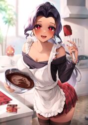 Rule 34 | 1girl, absurdres, apron, black hair, black shirt, blurry, blurry background, breasts, chocolate, collarbone, dark-skinned female, dark skin, earrings, gold earrings, heart, heart-shaped pupils, highres, holding utensil, jewelry, kitchen, large breasts, lil noot, long hair, looking at viewer, mascot, mixing bowl, mole, mole on breast, mole under eye, nijisanji, nijisanji en, off shoulder, open mouth, pink eyes, plaid, plaid skirt, ponytail, red skirt, scarle yonaguni, second-party source, shirt, sink, skirt, spatula, symbol-shaped pupils, thighhighs, valentine, virtual youtuber, white apron