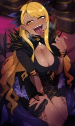 Rule 34 | 1girl, absurdres, blonde hair, blush, bracelet, breasts, cleavage, dark-skinned female, dark skin, dragon horns, dress, facial mark, fate/grand order, fate (series), fingernails, half-closed eyes, hand on own thigh, highres, horns, jewelry, large breasts, lightsource, long hair, long tongue, looking at viewer, open mouth, saliva, sharp fingernails, sharp teeth, solo, teeth, tongue, tongue out, very long hair, vritra (fate)