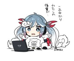 Rule 34 | 1girl, 1other, animal, black coat, blue eyes, blue hair, blush, rabbit, chin rest, coat, colored tips, computer, crab print, fur-trimmed coat, fur-trimmed hood, fur trim, hair ribbon, hamudetsu, hatsune miku, head on head, head rest, highres, hood, hood up, laptop, long hair, multicolored hair, open mouth, rabbit yukine, red hair, red ribbon, ribbon, signature, sitting, sparkling eyes, twintails, upper body, very long hair, vocaloid, wavy hair, yuki miku, yuki miku (2022)
