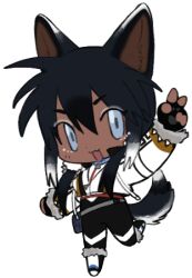 Rule 34 | 1girl, :3, animal ears, animal hands, black gloves, black hair, black pants, blue eyes, boots, chest harness, chibi, chibi only, colored tips, cropped jacket, dark-skinned female, dark skin, dog ears, dog girl, dog tail, fingerless gloves, full body, fur-trimmed footwear, fur-trimmed jacket, fur-trimmed sleeves, fur trim, gloves, hair between eyes, hand up, harness, husky, jacket, lapithai, long sleeves, looking at viewer, lowres, multicolored hair, no sclera, open mouth, original, pants, paw gloves, sidelocks, simple background, solo, standing, standing on one leg, tail, transparent background, v, white footwear, white hair, white jacket