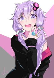Rule 34 | &gt; &lt;, 1girl, bare shoulders, blush, commentary, finger to mouth, hair ornament, hand up, highres, jacket, unworn jacket, jewelry, light blush, looking at viewer, open mouth, purple eyes, purple hair, ring, short hair with long locks, shoulder blush, signature, smile, solo, tsumakocan, upper body, vocaloid, voiceroid, yuzuki yukari