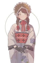 1girl black_gloves bonnet braid brown_hair commentary_request cowboy_shot eyeshadow frilled_bonnet frilled_kimono frills gloves grape_print grey_eyes hair_ribbon highres japanese_clothes kimono long_hair looking_at_viewer makeup obi original own_hands_together oze_(xyz_go_go11) parted_lips rain_print red_eyeshadow red_ribbon ribbon sash simple_background solo twin_braids twitter_username umbrella_print white_background white_kimono