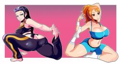 Rule 34 | 2girls, ass, bare arms, bare shoulders, barefoot, black hair, blue eyes, breasts, brown eyes, butt crack, cleavage, curvy, exercising, gym shirt, huge ass, large breasts, legs, long hair, multiple girls, nami (one piece), navel, nico robin, one piece, orange hair, ponytail, shirt, smile, socks, steve chopz, stomach, sunglasses, sunglasses on head, thick thighs, thighs, wide hips, yoga