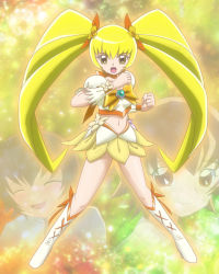 Rule 34 | 10s, blonde hair, boots, bow, brooch, cure sunshine, heartcatch precure!, jewelry, midriff, miniskirt, navel, precure, skirt, twintails