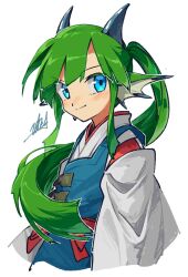 Rule 34 | 1girl, apron, blue apron, blue eyes, closed mouth, doggo 1d34, dragon girl, dragon horns, fins, from side, green hair, grey horns, hair over shoulder, head fins, highres, horns, japanese clothes, kimono, long hair, long sleeves, looking at viewer, looking to the side, original, ponytail, sidelocks, signature, simple background, solo, upper body, white background, white kimono, wide sleeves