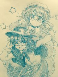 Rule 34 | 2girls, ;d, adjusting eyewear, arm up, bespectacled, blush, bow, capelet, commentary request, cowboy shot, crescent, efukei, glasses, hair between eyes, hair bow, hand up, hands up, hat, hat bow, highres, leaning forward, long sleeves, looking at viewer, maribel hearn, mob cap, monochrome, multiple girls, one-hour drawing challenge, one eye closed, open mouth, parted lips, semi-rimless eyewear, sidelocks, skirt, smile, sparkle, star (symbol), touhou, traditional media, under-rim eyewear, usami renko