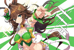Rule 34 | 1girl, absurdres, animal ears, aqua eyes, arm belt, asymmetrical sleeves, bare shoulders, belt, belt buckle, breasts, brown hair, buckle, choker, cleavage, closed mouth, commentary, cowboy shot, cropped jacket, dutch angle, english commentary, green background, green shirt, green wrist cuffs, hair ornament, hairclip, hand on own hip, hat, highres, horse ears, horse girl, horse tail, jacket, large breasts, long hair, long sleeves, looking at viewer, midriff, mini hat, mini top hat, mr. c.b. (umamusume), navel, open clothes, open jacket, pants, pointing, pointing at viewer, shirt, simple background, single bare shoulder, sleeveless, sleeveless shirt, smile, solo, sparkle, striped, striped background, sylph kim, tail, tilted headwear, top hat, umamusume, very long hair, white background, white belt, white hat, white jacket, white pants, wrist cuffs, yellow choker