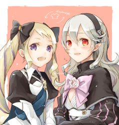 Rule 34 | 2girls, armor, blonde hair, blue cape, breasts, cape, corrin (female) (fire emblem), corrin (fire emblem), cosplay, costume switch, drill hair, elise (fire emblem), elise (fire emblem) (cosplay), fire emblem, fire emblem fates, fire emblem if, gloves, grey hair, hair between eyes, hair ornament, hairband, intelligent systems, long hair, multiple girls, nintendo, pointy ears, red eyes, robaco, siblings, simple background, sisters, twin drills, twintails, white background, white hair, yellow eyes