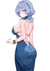 Rule 34 | 1girl, ako (blue archive), ako (dress) (blue archive), ass, back, backless dress, backless outfit, bare shoulders, blue archive, blue dress, blue eyes, blue hair, blush, breasts, closed mouth, commentary request, dress, from behind, hair between eyes, hairband, highres, large breasts, looking at viewer, looking back, medium hair, official alternate costume, sideboob, simple background, smile, solo, upper body, white background, ya ta