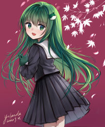 Rule 34 | 1girl, aged down, artist name, autumn leaves, blush, branch, commentary, cowboy shot, dated, fang, frog hair ornament, from behind, green eyes, green hair, hair between eyes, hair ornament, highres, holding, holding stuffed toy, kochiya sanae, leaf, leaning forward, long hair, looking at viewer, looking back, maple leaf, open mouth, purple background, school uniform, serafuku, simple background, sketch, solo, standing, stuffed animal, stuffed frog, stuffed toy, symbol-only commentary, touhou, very long hair, yolandabaka