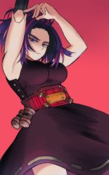 Rule 34 | 1girl, absurdres, arm cannon, armpits, arms up, artist request, bare shoulders, belt, belted dress, black dress, blue hair, boku no hero academia, boots, breasts, clenched hand, collarbone, dress, eyebrows, eyelashes, female focus, fighting stance, fingernails, highres, lady nagant, large breasts, legs, looking at viewer, medium dress, multicolored hair, neck, parted bangs, pink eyes, pink hair, red background, red belt, serious, sidelocks, simple background, sleeveless, sleeveless dress, standing, thighs, turtleneck, turtleneck dress, two-tone hair, utility belt, weapon