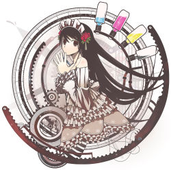Rule 34 | 1girl, bare shoulders, black eyes, black hair, dress, frills, gears, long hair, machimura komori, muted color, original, own hands together, round image, solo, striped clothes, striped thighhighs, thighhighs, white dress