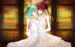 Rule 34 | 2girls, alternate costume, arrow through heart, bare shoulders, blue ribbon, breasts, cero421, cleavage, closed mouth, collarbone, dress, elbow gloves, flat chest, gloves, green hair, hair between eyes, hair bun, hair ornament, hair ribbon, highres, holding hands, hololive, houshou marine, lips, long hair, medium breasts, medium hair, multiple girls, orange eyes, red hair, ribbon, single hair bun, twintails, uruha rushia, virtual youtuber, white dress, white gloves