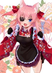 Rule 34 | 1girl, animal ears, apron, bad id, bad pixiv id, bakeneko, bell, blue eyes, cat ears, cat tail, eyepatch, fang, gloves, gomashi (goma), hair bell, hair ornament, hair ribbon, long hair, multiple tails, open mouth, original, pink hair, ribbon, solo, tail, two tails, wide sleeves