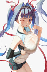 Rule 34 | 1girl, absurdres, blue eyes, blue hair, blush, breasts, detached sleeves, hair intakes, hair ribbon, highres, hololive, hololive english, large breasts, long hair, looking at viewer, nannachu7, one eye closed, ouro kronii, ribbon, shirt, shorts, simple background, sleeveless, sleeveless shirt, solo, sportswear, sweat, twintails, virtual youtuber, volleyball uniform