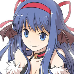 Rule 34 | 1girl, bat wings, blue eyes, blue hair, brown wings, choker, closed mouth, commentary request, detached sleeves, fur-trimmed sleeves, fur trim, hair ribbon, hairband, head wings, long hair, looking at viewer, natsuya (kuttuki), ragnarok online, red hairband, red ribbon, ribbon, sidelocks, simple background, smile, solo, stalker (ragnarok online), upper body, white background, wings
