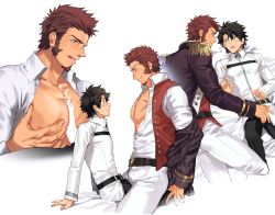 Rule 34 | bara, belt, between pecs, between pectorals, black hair, blouse, blue eyes, blush, brown hair, bulge, censored, collar, epaulettes, facial hair, fate/grand order, fate (series), fringe trim, frottage, fujimaru ritsuka (male), goatee, groping, hands on own chest, jacket, long sideburns, long sleeves, male focus, military, military uniform, multiple boys, muscular, napoleon bonaparte (fate), okii (oh ki ik), open clothes, open jacket, open shirt, pants, pecjob, pectoral cleavage, pectorals, scar, shirt, sideburns, smile, tight clothes, tongue, tongue out, unbuttoned, uniform, white pants, yaoi