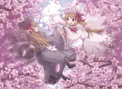 Rule 34 | 2girls, black dress, blonde hair, blue eyes, bow, capelet, cherry blossoms, dress, dual persona, fairy wings, hair bow, highres, hikari niji, interlocked fingers, lily black, lily white, long hair, long sleeves, multiple girls, open mouth, outstretched arm, outstretched hand, petals, red eyes, smile, touhou, tree, very long hair, white dress, wide sleeves, wings