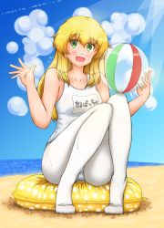 Rule 34 | 1girl, absurdres, alternate costume, ball, beach, beachball, blonde hair, blue sky, blush, carpaccio (girls und panzer), character name, cloud, cloudy sky, commentary, commentary request, flying sweatdrops, girls und panzer, green eyes, highres, holding, holding ball, horizon, innertube, long hair, looking at viewer, name tag, ocean, one-piece swimsuit, open mouth, pantyhose, pantyhose under swimsuit, partial commentary, school swimsuit, sitting, sky, smile, solo, swim ring, swimsuit, waving, white one-piece swimsuit, white pantyhose, zetto-plus