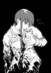 Rule 34 | 1boy, 1girl, black background, black necktie, blood, blood from mouth, blood on clothes, blood on face, blood splatter, breasts, chainsaw man, closed eyes, collared shirt, denji (chainsaw man), formal, greyscale, hand on another&#039;s face, hand on another&#039;s head, highres, holding, holding person, looking at viewer, looking to the side, makima (chainsaw man), medium breasts, medium hair, monochrome, musekitsui426, necktie, open mouth, ringed eyes, shirt, short hair, simple background, small breasts, suit, upper body, white shirt