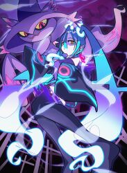 Rule 34 | 1girl, aqua hair, black thighhighs, commentary, creatures (company), game freak, gen 4 pokemon, ghost, ghost miku (project voltage), grey shirt, hair between eyes, hatsune miku, highres, long hair, looking down, mismagius, mk 928225, necktie, nintendo, pale skin, pokemon, pokemon (creature), project voltage, shirt, skirt, sleeves past wrists, symbol-only commentary, thighhighs, twintails, very long hair, vocaloid, will-o&#039;-the-wisp (mythology), yellow eyes
