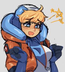 Rule 34 | 1girl, animification, apex legends, blue eyes, blue gloves, bodysuit, breasts, clenched hands, commentary, cowlick, english commentary, freckles, gloves, grey background, hood, hooded jacket, jacket, looking down, medium breasts, mercysstrap, open mouth, orange jacket, sketch, smile, solo, star (symbol), upper body, wattson (apex legends), white bodysuit