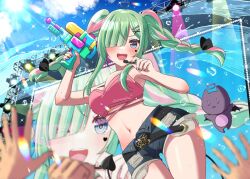 Rule 34 | 1girl, airi viridis, belt, black belt, black ribbon, blue eyes, blue shorts, braid, breasts, cloud, commission, crop top, crowd, erenshu, eyes visible through hair, facial mark, green hair, hair ornament, hair over one eye, headset, heart, heart facial mark, highres, holding, holding water gun, large breasts, midriff, multicolored hair, navel, one eye closed, open fly, open mouth, pink hair, pink tank top, ribbon, short shorts, shorts, skeb commission, sky, stage lights, streaked hair, sun, tank top, twin braids, twitter username, v-dere, virtual youtuber, water, water gun, wet