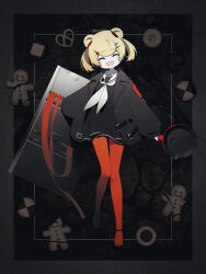 Rule 34 | 1girl, arknights, black coat, black footwear, blonde hair, blush, closed eyes, coat, frying pan, full body, gingerbread man, gummy (arknights), hair ornament, hairclip, highres, holding, holding frying pan, kazune rain, neckerchief, open mouth, pantyhose, red pantyhose, short hair, smile, solo, white neckerchief, zipper