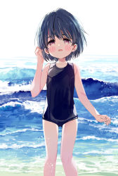 Rule 34 | 1girl, bare arms, bare shoulders, black hair, black one-piece swimsuit, blush stickers, collarbone, day, feet out of frame, hair between eyes, highres, meito (maze), old school swimsuit, one-piece swimsuit, original, outdoors, red eyes, school swimsuit, solo, standing, swimsuit, water, waves