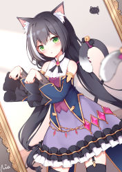 Rule 34 | 1girl, :o, absurdres, animal ear fluff, animal ears, animal hands, bell, black hair, blurry, blush, cat ears, cat girl, cat tail, cowboy shot, depth of field, detached sleeves, dress, female pov, frilled dress, frilled sleeves, frills, garter straps, gem, gloves, green eyes, highres, jingle bell, karyl (princess connect!), long hair, long sleeves, looking at viewer, low twintails, mirror, multicolored clothes, multicolored dress, multicolored hair, parted lips, paw gloves, poinia, pov, princess connect!, reflection, signature, solo, streaked hair, tail, tail bell, tail ornament, thighhighs, twintails, very long hair, white hair, zettai ryouiki