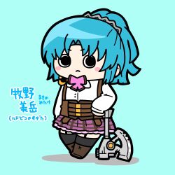 Rule 34 | 1girl, :&lt;, aqua background, arm at side, arm rest, assault lily, axe, battle axe, belt, belt buckle, black thighhighs, blue hair, blush, boots, bow, bowtie, brown belt, brown footwear, buckle, character name, chibi, closed mouth, collared shirt, commentary, corset, crescent, crescent earrings, earrings, frilled skirt, frills, garter straps, hair ornament, high ponytail, highres, jewelry, konpeitoull (c12h22o11 tr 6), long sleeves, looking at viewer, ludvico private girls&#039; academy school uniform, makino mitake, medium hair, miniskirt, multiple belts, pink bow, pink bowtie, pink skirt, ponytail, school uniform, shirt, simple background, single earring, skirt, solid circle pupils, solo, standing, thighhighs, translated, underbust, v-shaped eyebrows, weapon, white shirt, zettai ryouiki