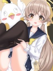 Rule 34 | black pantyhose, blue archive, blush, blush stickers, commentary request, hair ornament, halo, hifumi (blue archive), light brown hair, looking at viewer, low twintails, open mouth, panties, pantyhose, peroro (blue archive), school uniform, simple background, stuffed animal, stuffed toy, tongue, tongue out, twintails, underwear, yellow eyes