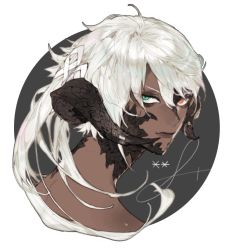 Rule 34 | 1boy, au ra, warrior of light (ff14), blue eyes, closed mouth, curled horns, dark-skinned male, dark skin, final fantasy, final fantasy xiv, from behind, hair between eyes, heterochromia, horn ornament, horn ring, horns, jewelry, jitome, looking at viewer, looking back, low horns, male focus, pigeon666, portrait, red eyes, ring, sanpaku, solo, white hair