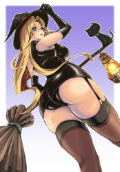 Rule 34 | 1girl, ass, blonde hair, blue eyes, broom, cat, curvy, elbow gloves, glasses, gloves, hat, lantern, long hair, nomiya37564, panties, solo, thighhighs, thighs, underwear, witch, witch hat