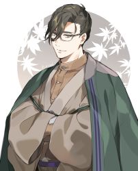 Rule 34 | 1boy, bishounen, brown eyes, brown hair, brown kimono, fate/grand order, fate (series), glasses, hands in opposite sleeves, haori, highres, japanese clothes, kimono, looking at viewer, male focus, saitou hajime (fate), short hair, smile, solo, swept bangs, upper body, white background, yamanami keisuke (fate)