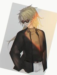 Rule 34 | 1boy, absurdres, aglovale (granblue fantasy), belt, black jacket, black shirt, blonde hair, brown belt, closed mouth, cropped legs, expressionless, granblue fantasy, grey background, hair between eyes, hand in pocket, highres, jacket, long hair, looking to the side, male focus, orange eyes, pants, ponytail, see-through, see-through jacket, shade, shirt, short sleeves, solo, sunglasses, tokikane mikan, white background, white pants