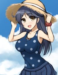Rule 34 | 10s, 1girl, ahoge, arms up, black hair, blue one-piece swimsuit, breasts, brown eyes, cloud, day, don (29219), female focus, gradient background, hands on headwear, hat, holding, holding clothes, holding hat, kantai collection, large breasts, long hair, looking at viewer, one-piece swimsuit, open mouth, polka dot, polka dot swimsuit, ribbon, scrunchie, skirt, sky, smile, solo, swimsuit, twitter username, ushio (kancolle), ushio kai ni (kancolle), wrist scrunchie