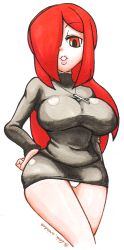 Rule 34 | 1girl, breasts, cowboy shot, cross, cross necklace, hair over one eye, hand on own hip, highres, jewelry, large breasts, looking at viewer, looking down, necklace, painting (medium), panties, parasoul (skullgirls), pursed lips, raised eyebrow, red eyes, skindentation, skirt, skullgirls, smile, solo, sweater, traditional media, turtleneck, turtleneck sweater, underwear, upskirt, watercolor (medium), white background, wide hips, yellow eyes