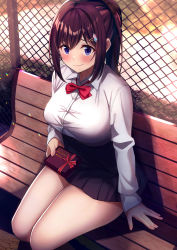 Rule 34 | 1girl, absurdres, black skirt, blue eyes, blurry, blurry background, blush, breasts, brown hair, bush, chain-link fence, closed mouth, collared shirt, commentary request, fence, gift, hair ornament, highres, holding, holding gift, karaage bou, large breasts, long sleeves, looking at viewer, on bench, original, pleated skirt, ponytail, red neckwear, school uniform, shirt, sidelocks, sitting, skirt, smile, solo, thighs, valentine, white shirt