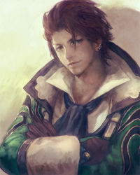 Rule 34 | 1boy, alternate color, alvin (tales), brown eyes, brown hair, chatalaw, crossed arms, earrings, jewelry, male focus, scarf, smile, solo, tales of (series), tales of xillia