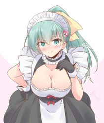 Rule 34 | 1girl, alternate costume, alternate hairstyle, apron, aqua eyes, aqua hair, black dress, black gloves, breasts, cleavage, collarbone, dress, enmaided, frilled apron, frills, gloves, hair between eyes, hair ornament, hairclip, hand on own chest, highres, kantai collection, large breasts, long hair, looking at viewer, maid, maid apron, maid headdress, one-hour drawing challenge, pink background, ponytail, puffy short sleeves, puffy sleeves, shizuna kaede, short sleeves, smile, solo, suzuya (kancolle), twitter username, two-tone background, upper body, waist apron, white apron, white background, wrist cuffs