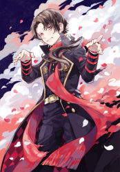 Rule 34 | 10s, 1boy, brown hair, coat, earrings, grin, highres, jewelry, kashuu kiyomitsu, makoto (roketto-massyumaro), male focus, mole, mole under mouth, nail polish, personification, petals, pointing, ponytail, red eyes, red nails, smile, solo, touken ranbu
