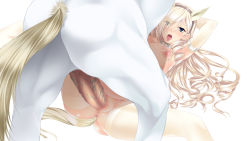Rule 34 | 10s, anal, anal object insertion, animal ears, bestiality, blonde hair, breasts, butt plug, celia kumani entory, censored, collar, highres, horse, horse ears, large breasts, long hair, missionary, mizuki makoto, nipple piercing, nude, object insertion, penis, piercing, pregnant, sex, sex toy, spread legs, tail, thighhighs, tongue, vaginal, walkure romanze, white background