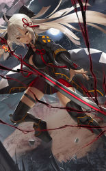 Rule 34 | 1girl, ahoge, arm guards, black bow, black coat, boots, bow, breasts, cleavage, cleavage cutout, clothing cutout, coat, commentary request, dark-skinned female, dark skin, dutch angle, fate/grand order, fate (series), hair between eyes, hair bow, high collar, highres, holding, holding sword, holding weapon, katana, koha-ace, large breasts, long hair, moon, night, night sky, okita souji (fate), okita souji alter (fate), open mouth, scottie (phantom2), sky, solo, sword, tassel, thigh boots, thigh strap, thighhighs, weapon, white eyes, white hair