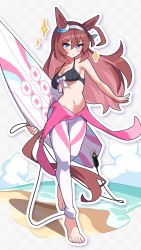 Rule 34 | 1girl, ahoge, alternate costume, animal ears, bare shoulders, barefoot, bikini, black bikini, blue eyes, blush, bodysuit, breasts, brown hair, cleavage, closed mouth, diving suit, full body, hairband, highres, holding, holding surfboard, horse ears, horse girl, horse tail, kuroto mato, long hair, medium breasts, mihono bourbon (umamusume), navel, outstretched arm, sand, solo, sparkle, surfboard, swimsuit, tail, umamusume, underboob, walking, water, wetsuit